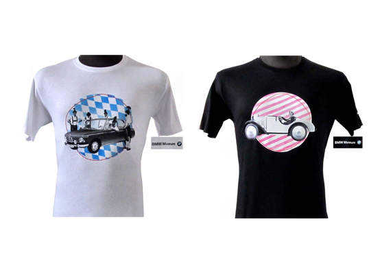 T-Shirts aus der BMW 100 Jahre Classic Collection, verschiedene Motive auf schwarzen oder weissen T-Shirts.